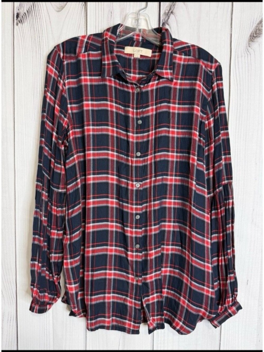 Ann Taylor LOFT Womens Red Navy Plaid Long Sleeve Button-Down Shirt Sz M
